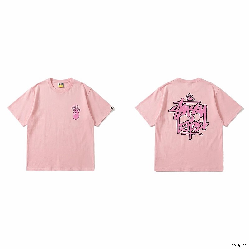 Bape Crown Print Trendy Cool Pink T-shirt