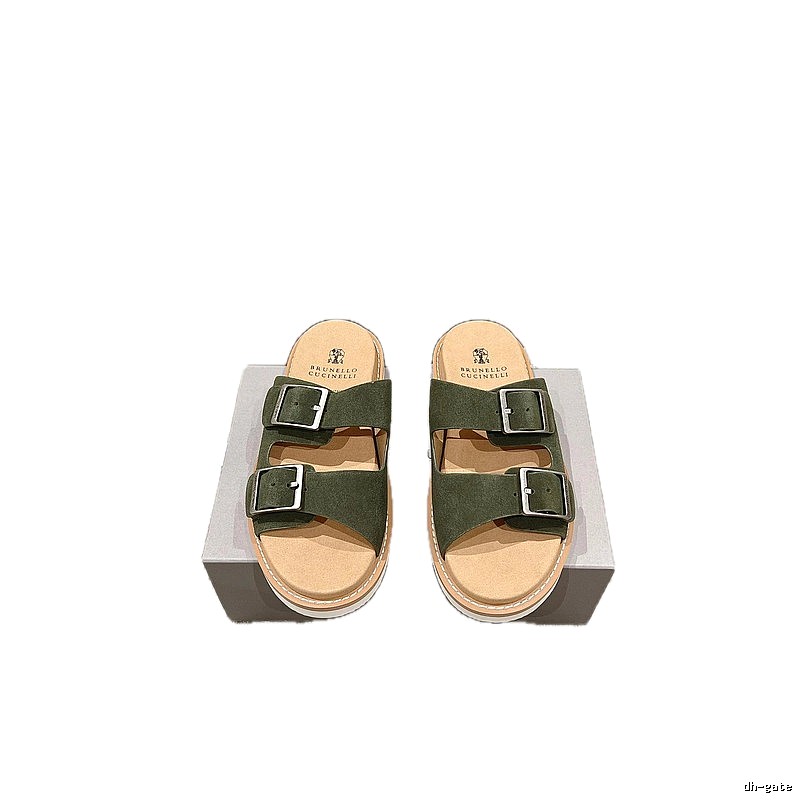 Brunello Cucinelli Casual Style Army Green Double-Buckle Slide Sandals