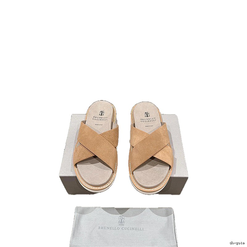 Brunello Cucinelli Casual-style Camel Cross-strap Slide Sandals