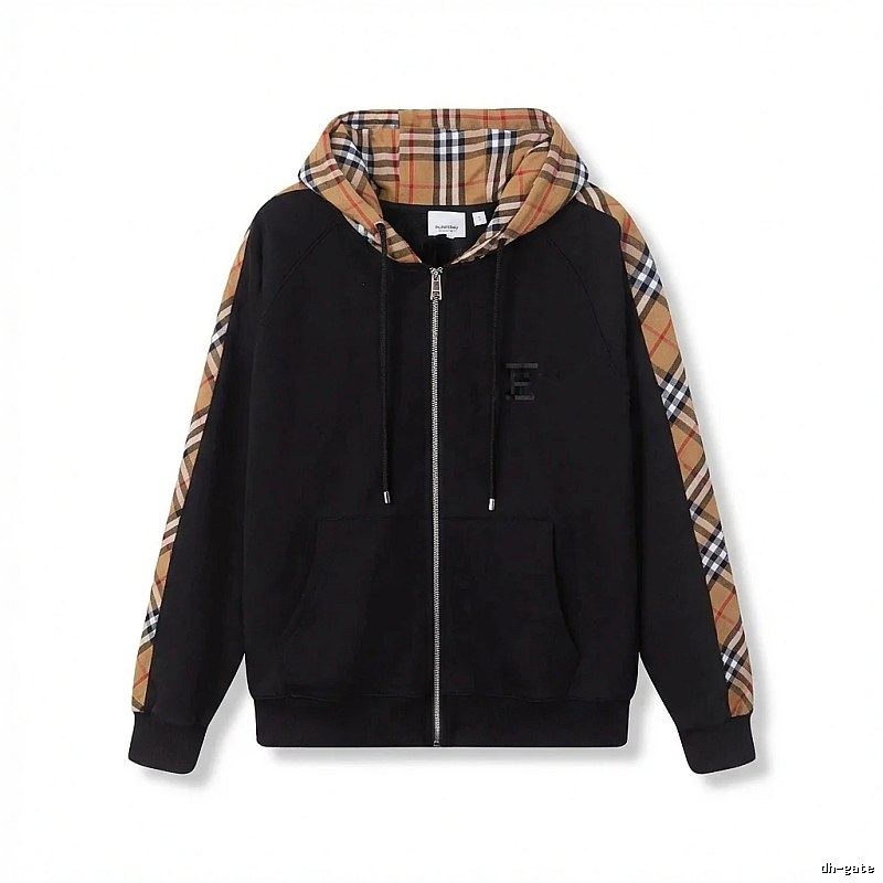 Burberry checkered pattern spliced black hoodie