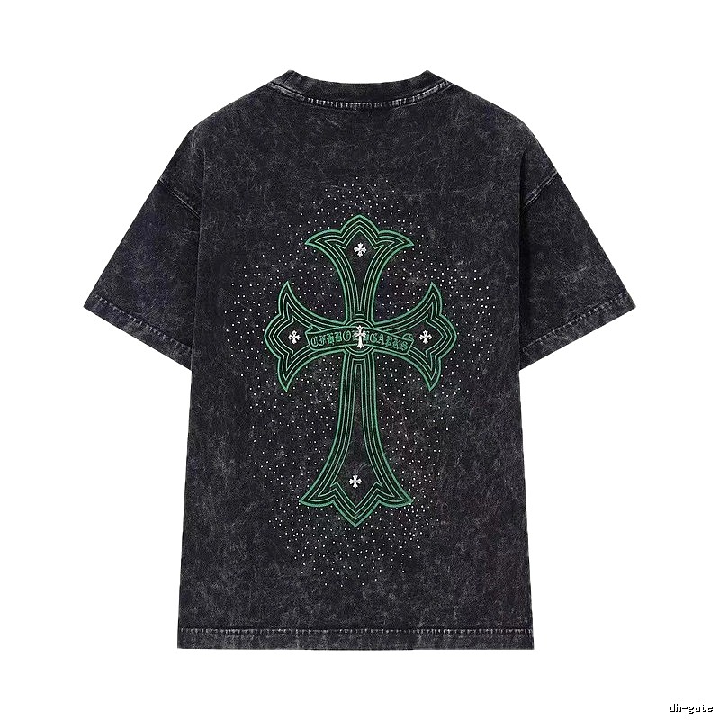 Chrome Hearts Cross Vintage Style Black and Green Short Sleeve T-Shirt