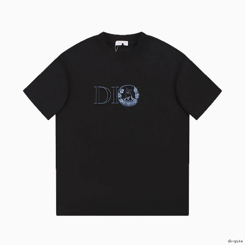 Dior Cat-Embroidered Casual Black T-Shirt