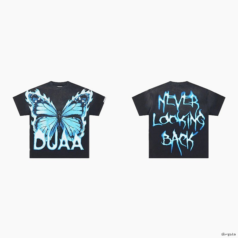 DUAA Butterfly Print Street Style Black and Blue Short-sleeved T-shirt