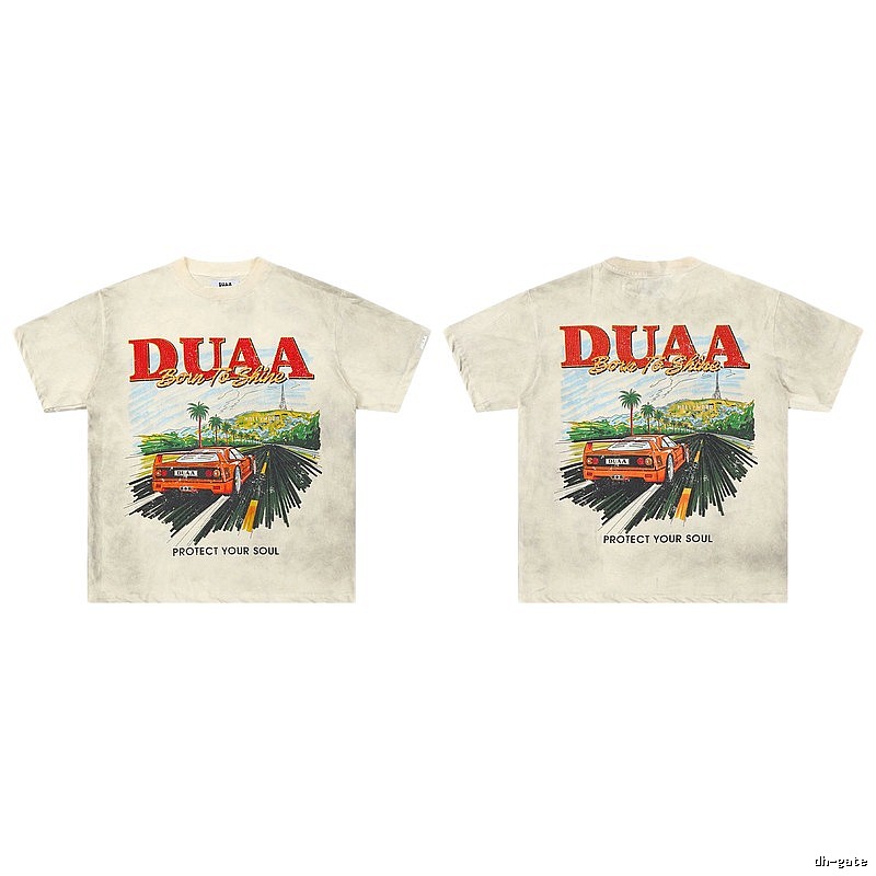DUAA Sports Car Print American Retro Off-white Short Sleeve T-Shirt