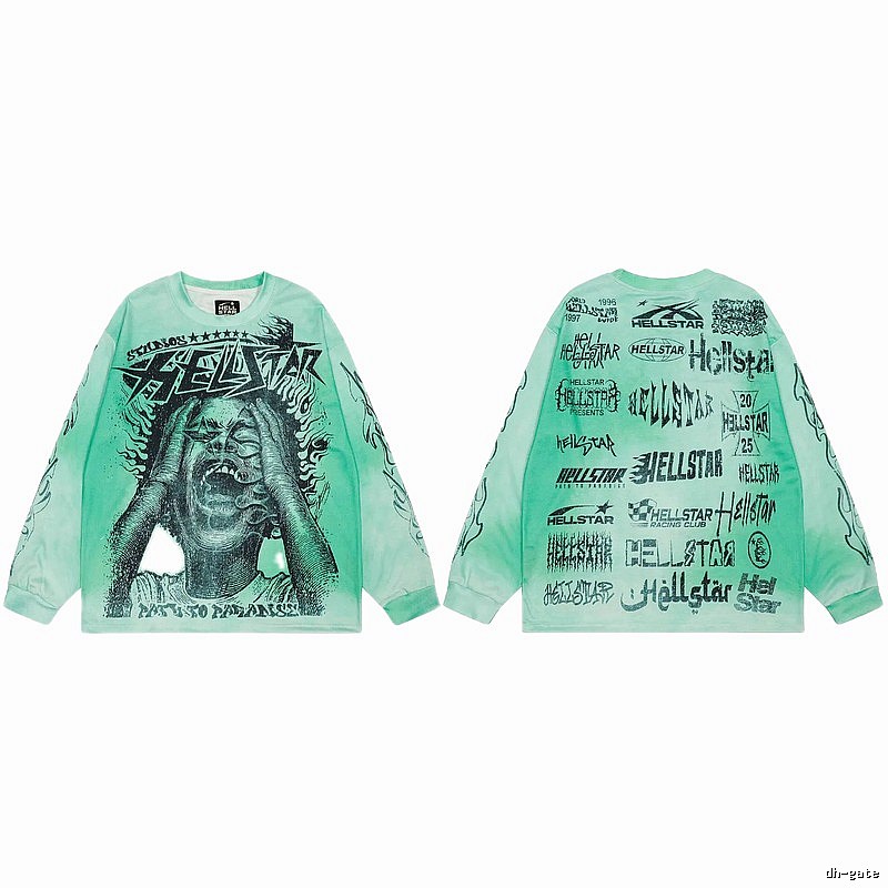 Hellstar All-over Portrait Print Street Style Mint Green Long Sleeve