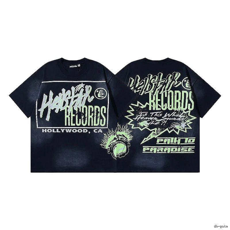 HellstarRecords Street Style Black and Green Short Sleeve T-Shirt