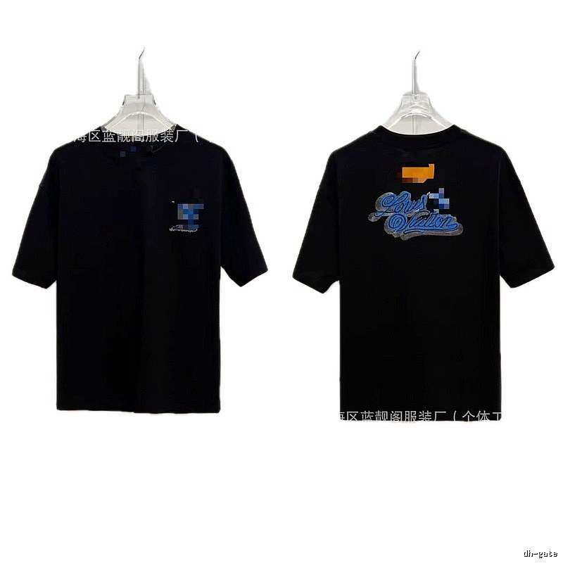 Louis Vuitton Embroidered Trendy Style Black T-Shirt