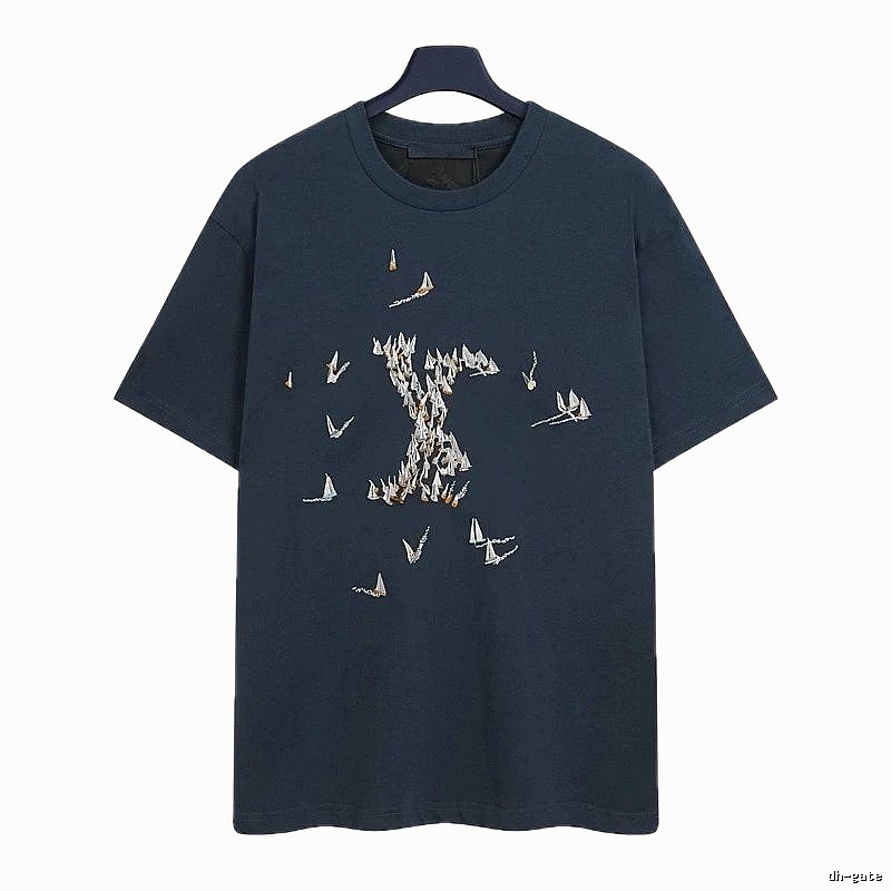 Louis Vuitton Light Luxury Style Navy Blue T-Shirt with Sailing Boat Embroidery