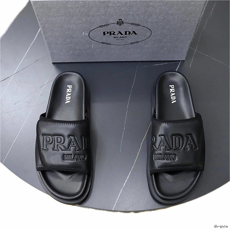 Prada Embossed Trendy Cool Style Black Slippers