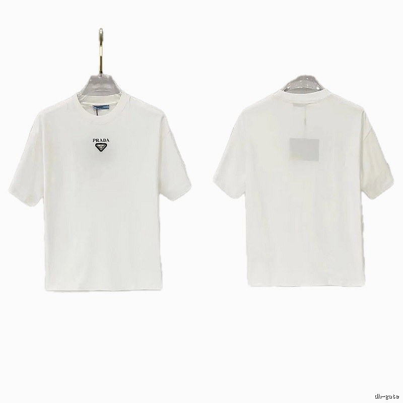 Prada Triangular Logo Minimalist Style White Short-sleeve T-shirt