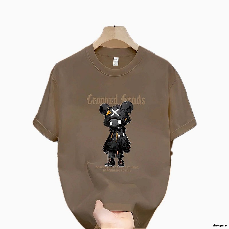 Streetwear Street Style Violent Bear Print Khaki Short-sleeve T-shirt