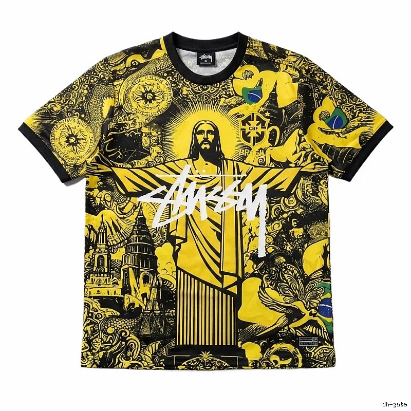 Stussy's religious-style yellow and black short-sleeve T-shirt
