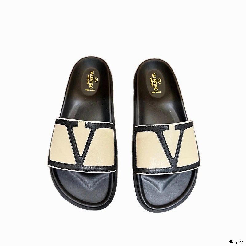 Valentino Big V Light Luxury Style Beige and Black Color-block Slide Sandals