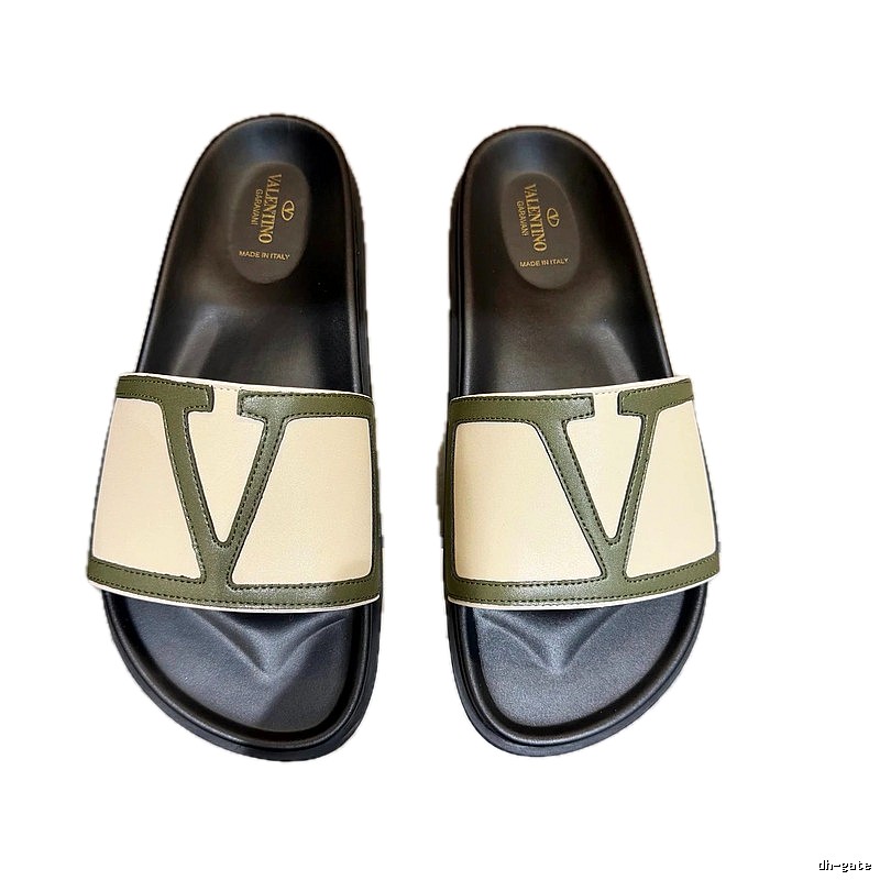 Valentino Big V Minimalist Style Beige-Green Color-block Slide Sandals