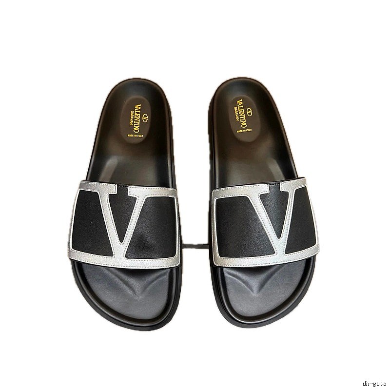 Valentino Large V Logo Light Luxury Style Black and Silver Slide Sandals